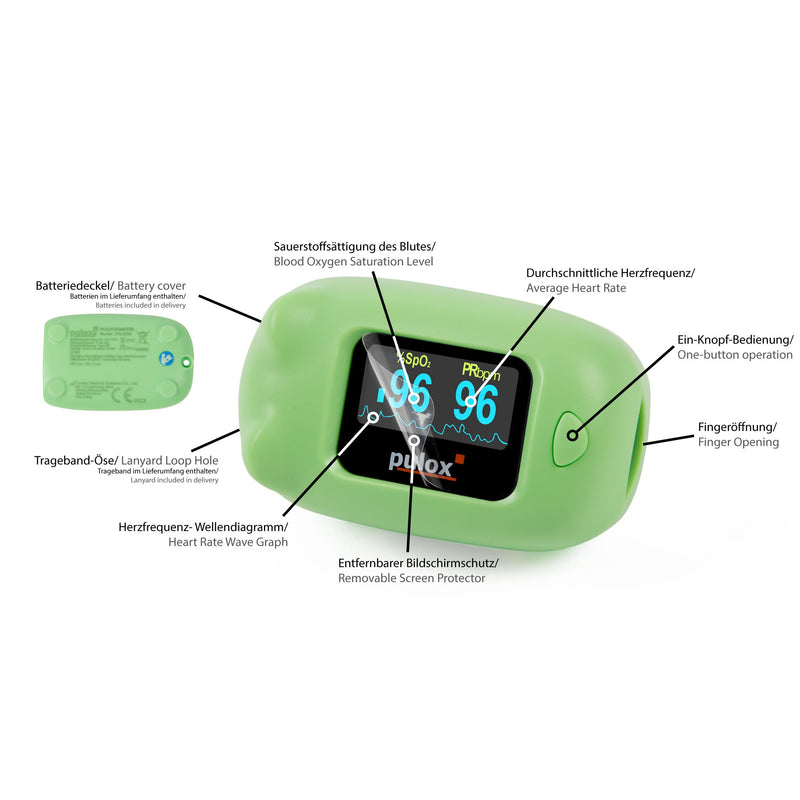 Pulox PO-230 in green, pulse oximeter for children, with adhesive pattern, measurement of oxygen saturation and heart rate - NewNest Australia