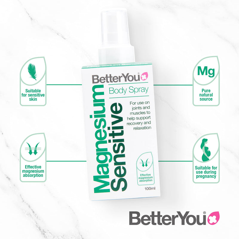 BetterYou Magnesium Sensitive Body Spray | Pure, Clean and Natural Source of Magnesium Chloride | Magnesium Spray | Vegan & Palm-Oil Free | 100ml (600 Sprays) Single - NewNest Australia