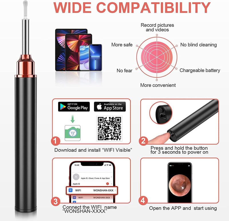 Ear Wax Removal - Earwax Remover Tool with 8 Pcs Ear Set - Ear Cleaner with Camera - Earwax Removal Kit with Light - Ear Camera with 6 Ear Spoon - Ear Cleaner for iOS & Android（Black） - NewNest Australia