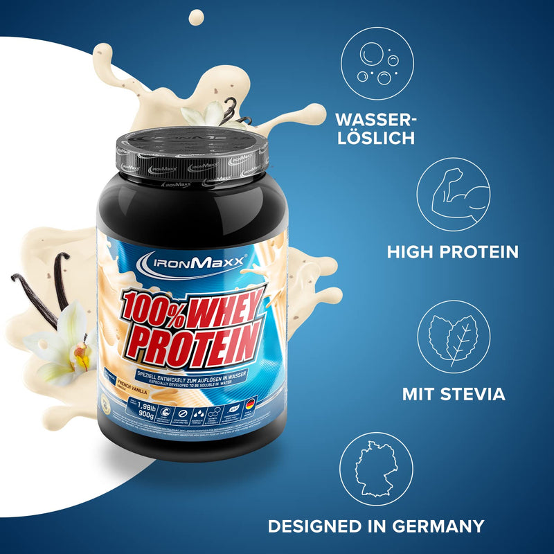 IronMaxx 100% Whey Protein Powder - French Vanilla 900g Can | reduced-sugar, water-soluble protein powder made from whey protein | many different flavors - NewNest Australia