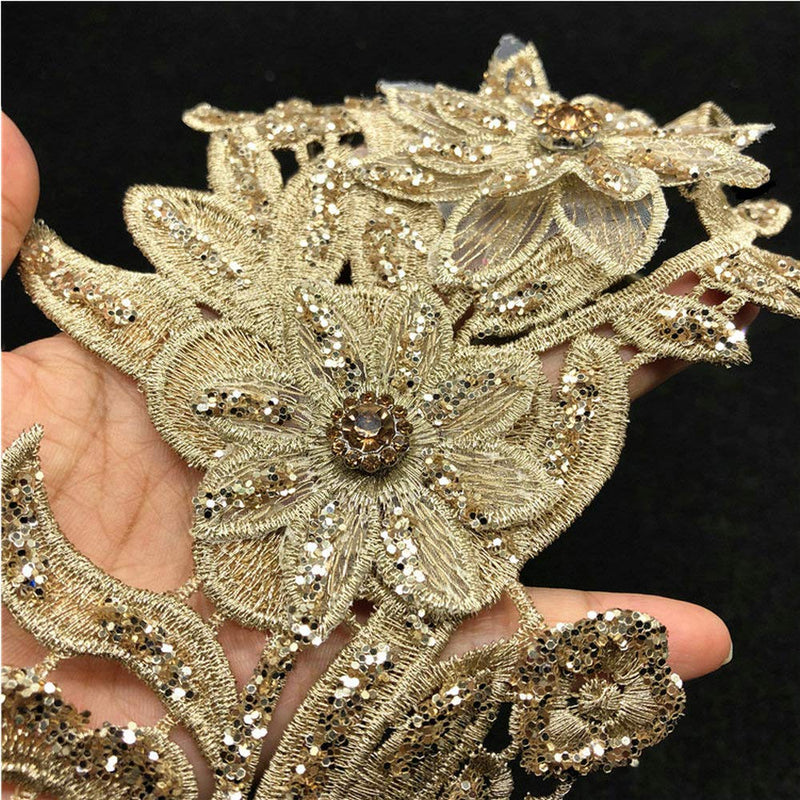 Embroidered Car Bone Lace Paste Flower Wedding Dress Evening Dress Children's Headdress Cuffs DIY Accessories Lace Fabric Accessories (Beaded Gold Color) Beaded gold color - NewNest Australia