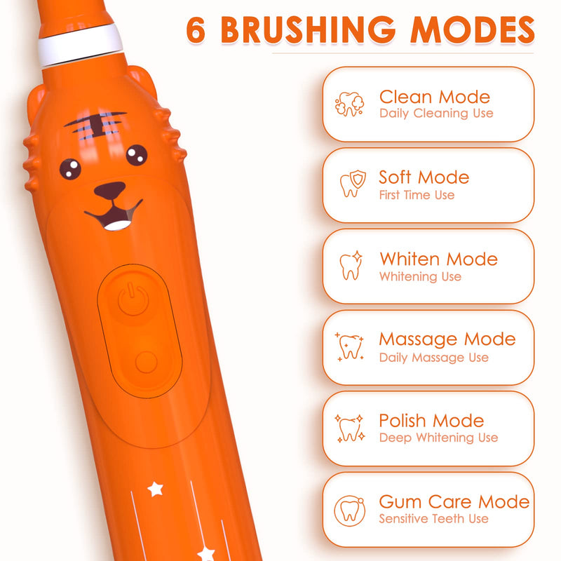 Kids Sonic Electric Toothbrush, Rechargeable Smart Toothbrush for Children, Toothbrush for Toddlers Boys Girls Age 3-12 with 30s Reminder, 2 Mins Timer, 6 Modes, 6 Brush Heads, Wall-Mounted Holder 8650 Orange+ 6 Heads+ Stand - NewNest Australia