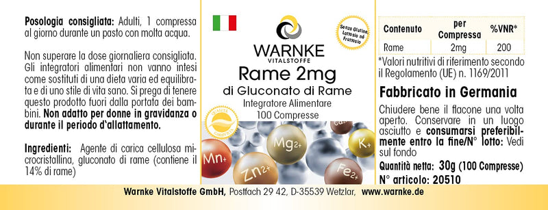 Copper 2mg from copper gluconate - vegan - 100 tablets | Warnke vital substances - NewNest Australia