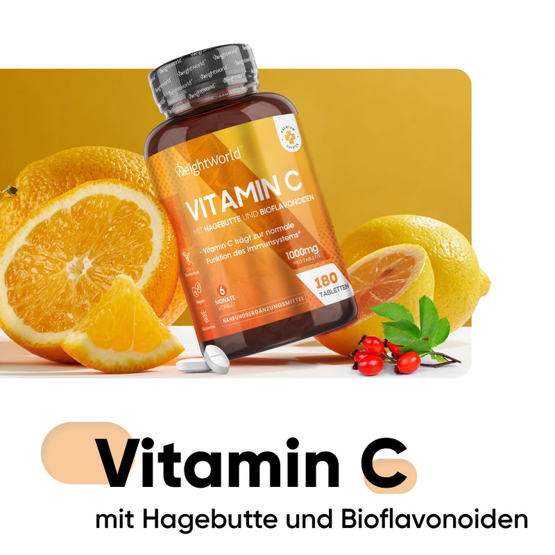 Vitamin C 1000Mg Tablets - 180 Tablets For 6 Months - Vit C From Vegetable Fermentation - With Bioflavonoids & Rosehip - Vitamin C (Ascorbic Acid) Complex - For Immune System, Stomach Friendly - NewNest Australia