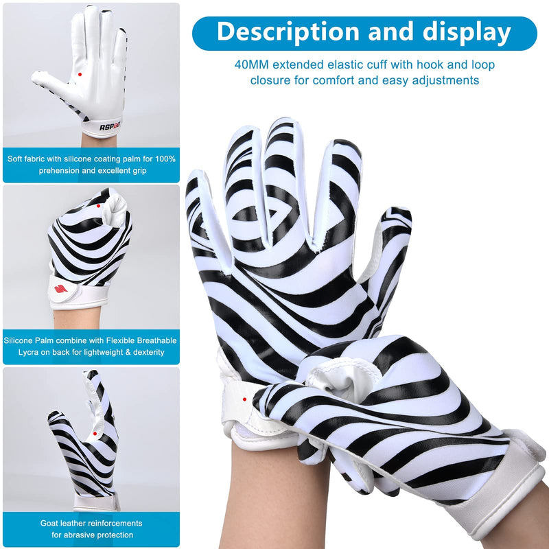 RSPGO Kids Football Gloves Youth Enhanced Grip Silicone Wide Receiver Gloves Dynamic Zebra Stripes Youth XS/S(5.5in-6in) - NewNest Australia