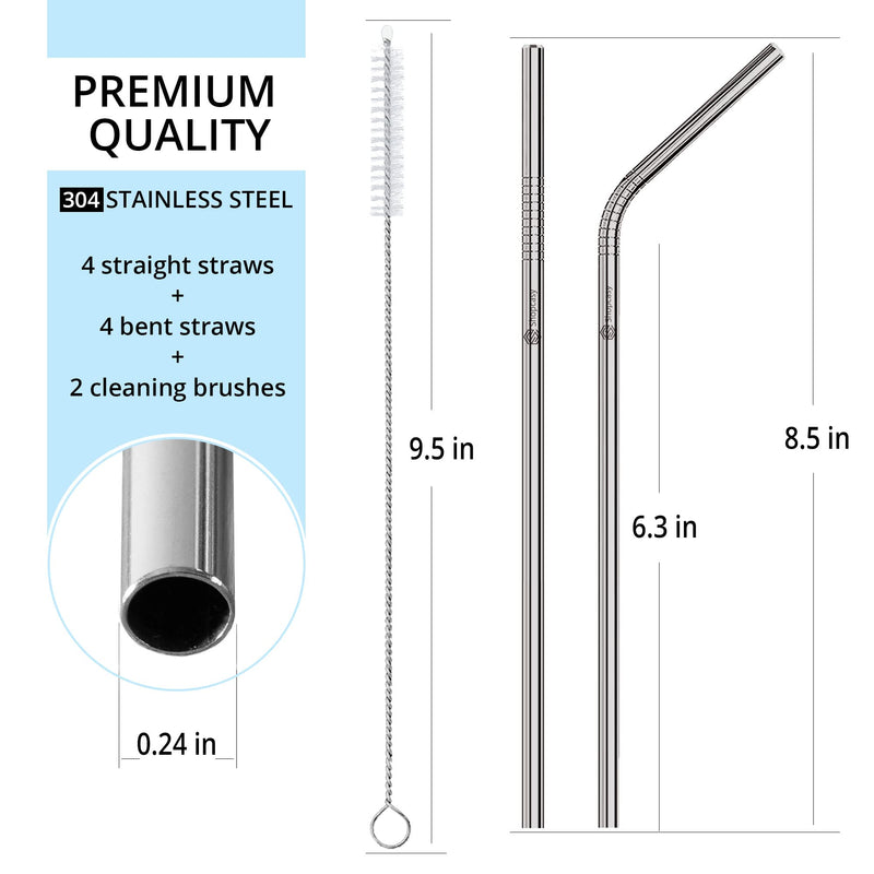 Set of 8 Metal Straws Drinking (4 Straight + 4 Bent + 2 Cleaners), 8.5” Eco-Friendly Reusable Straws FDA BPA Free Stainless Steel Drinking Straws for Tumbler, Cocktail with Travel case (Silver) - NewNest Australia