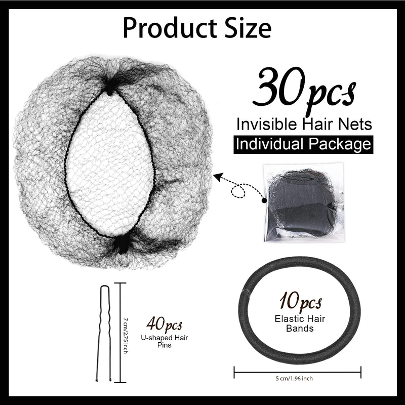 Teenitor Black Individual Invisible Hair Net Set, 30pcs Hair Bun Invisible Elastic Edge Mesh Nets for Ballet Girl Women Dance Child, 10pcs Elastic Hair Ties & 40pcs U Shape Hair Pins, Hair Net for Bun - NewNest Australia