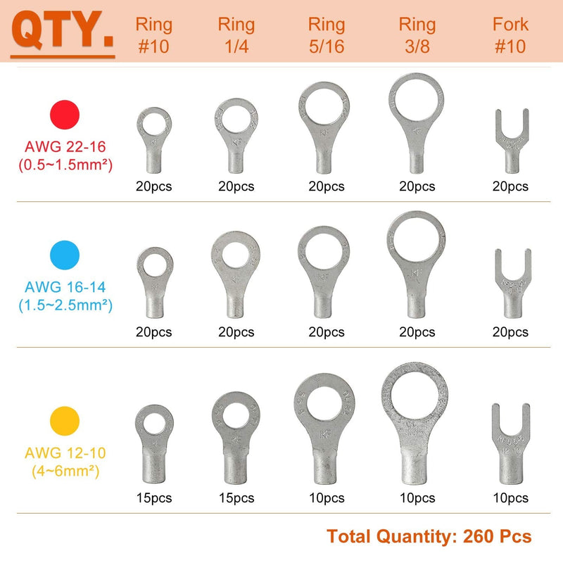 RockDIG 260PCS AWG 22-16 16-14 12-10 Copper Ring Fork Terminals Tin Plated Non-Insulated Electric Wire Connectors - NewNest Australia