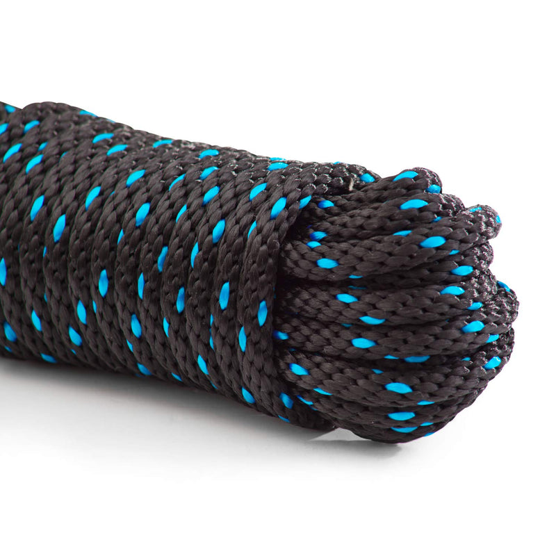 Rope Ratchet 3/8", 50 ft Solid Braided Polypropylene Rope, Heavy Duty, All Purpose, Utility Cord Tie Down Rope for Camping, Tie, Pull, and Knot, Indoor and Outdoor Use - Black with Blue Tracers Black-blue - NewNest Australia