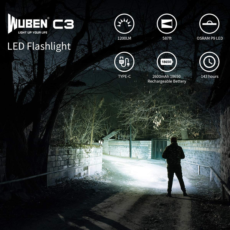 WUBEN C3 Rechargeable Flashlight 1200 High Lumens Tactical Super Bright LED Flashlights 18650 Battery Included Type-C Charging IP68 Water-Resistant 6 Light Modes Pocket-Sized EDC Flash Light - NewNest Australia