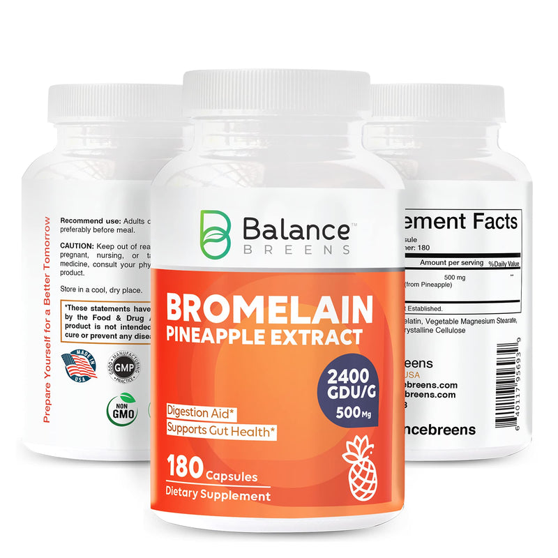Balance Breens Bromelain 500mg 2400 GDU/G Pineapple Extract Supplement - 180 Non-GMO Capsules - Supports Gut Health, Digestive Support & Comfort - NewNest Australia