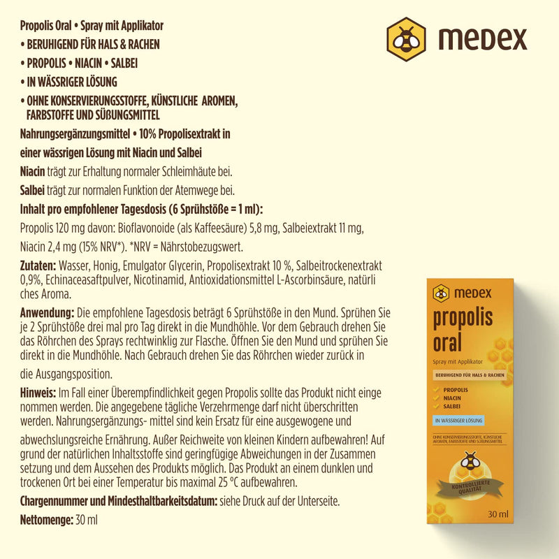 Medex Propolis Oral, Mouth And Throat Spray, Water-Based, Without Alcohol; With Honey, Sage, Niacin, Echinacea, Standardized Amount Of Bioflavonoids, With Applicator, 30 Ml - NewNest Australia