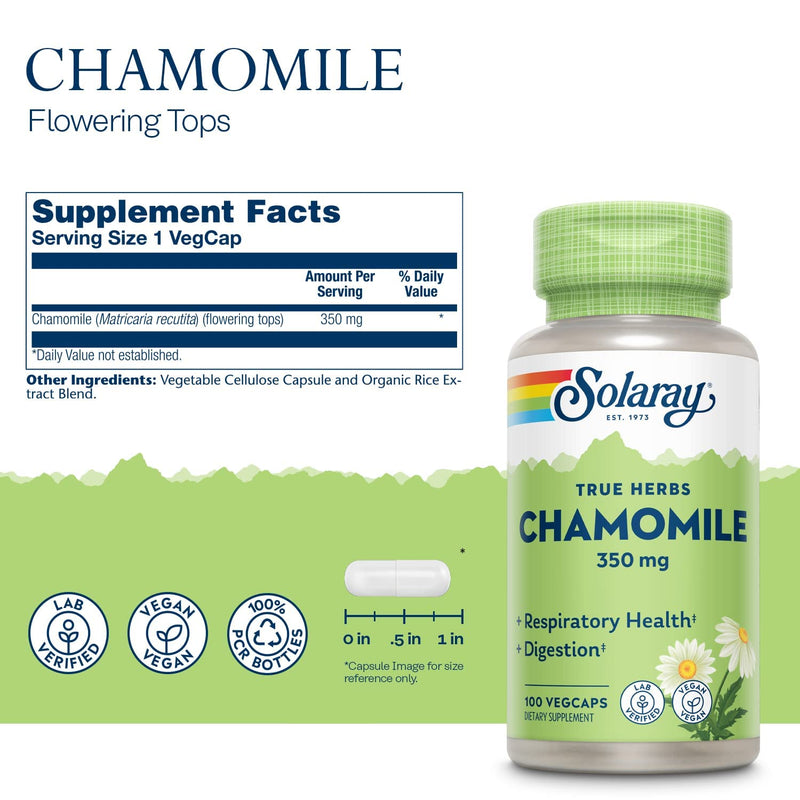 Solaray Chamomile, Soothing Support for Digestion, Respiratory Tract and Relaxation, 100 Servings, 100 VegCaps - NewNest Australia