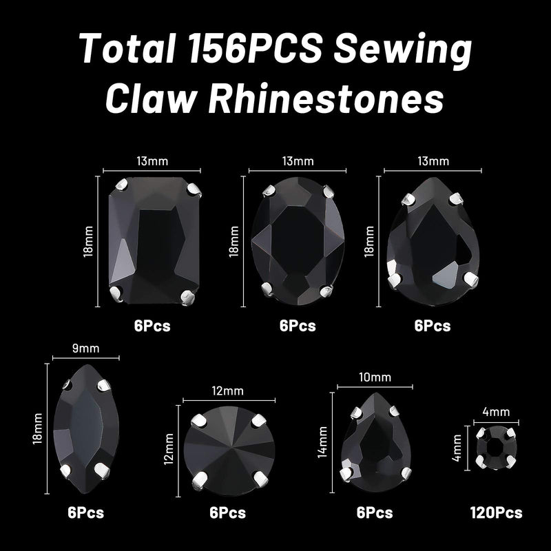 156 Pieces Sew on Rhinestones Claw Flatback Crystal Rhinestones Metal Prong Setting Rhinestones Acrylic Glass Sewing Gems for Clothes DIY Craft Shoes Dress Jewelry Making (Black) Black - NewNest Australia