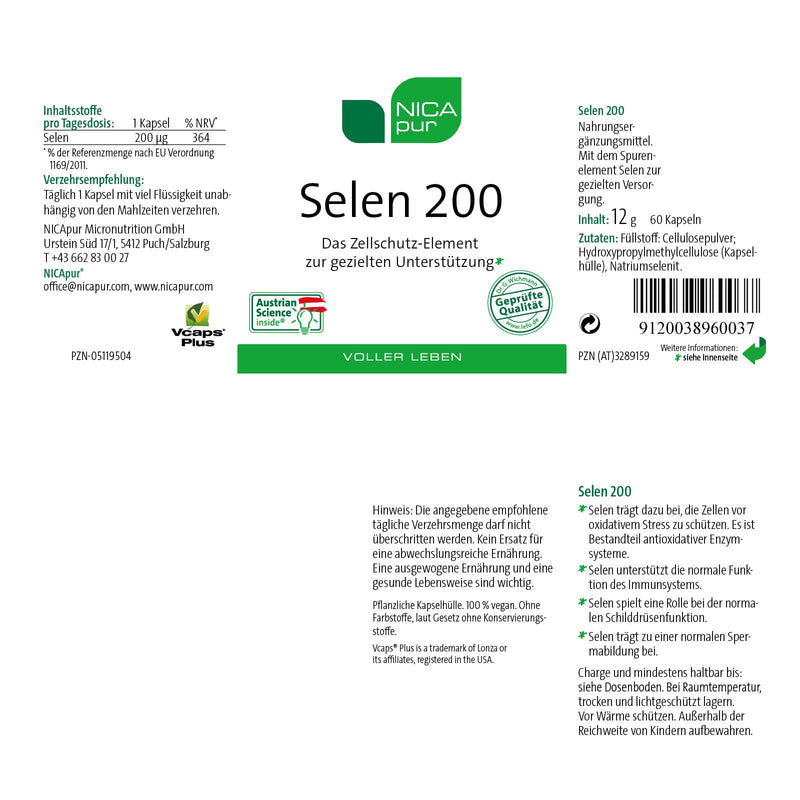 Nicapur Selenium 200 - 60 capsules, each with 200µg sodium selenite, high dosage & vegan - NewNest Australia