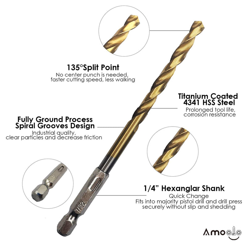 amoolo Hex Shank Drill Bit Set (13Pcs Set+3 Pcs Free), Premium 4341 HSS Titanium Impact Hex Drill Bits for Wood, Steel, Metal, Plastic, Quick Change Design (1/16”-1/4”) 1/16" - 1/4"(13+3 Pcs) - NewNest Australia