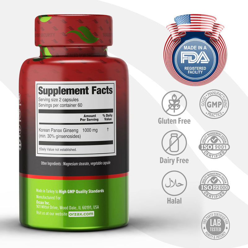 ORZAX Ginseng, 30% Ginsenosides, Premium 120 Vegetable Capsules, Panax Ginseng 1000 mg, Korean Red Ginseng for Energy Boosting, Support Focusing and Performance, Gluten-Free Energy Supplement - NewNest Australia