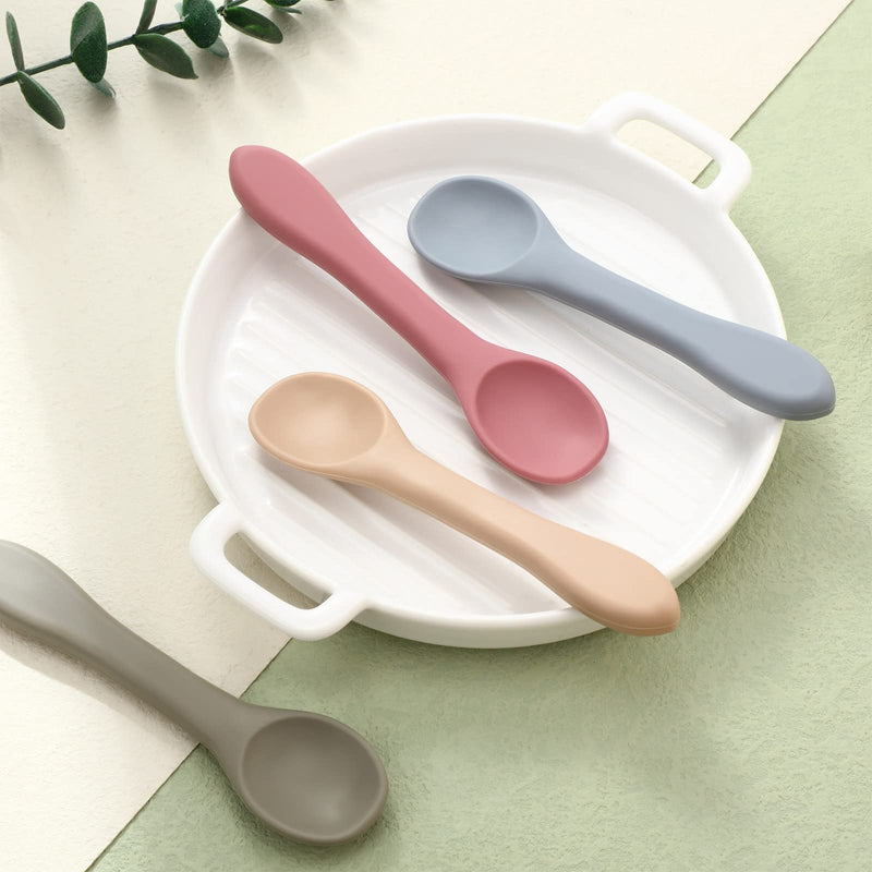 Baby Spoons 4 Pcs Weaning Spoons Safe Baby Cutlery Baby Weaning Set Training Toddler Spoons Baby Silicone Feeding Set for Above 3 Months (Blue Gray, Avocado Green, Khaki, Soft Lilac) - NewNest Australia