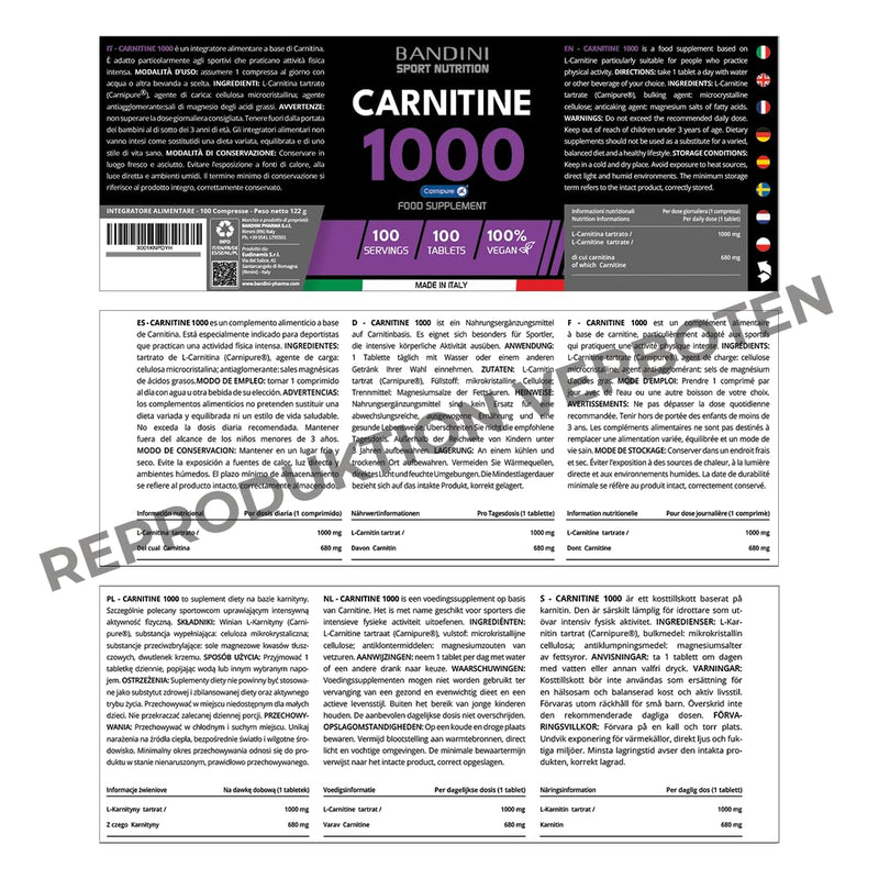 Bandini® L-CARNITIN 1000 | Premium: Carnipure® - L Carnitine Tartrate | 100 tablets | Metabolism & muscle building | Highly dosed, 100% vegan, no additives, laboratory tested - NewNest Australia