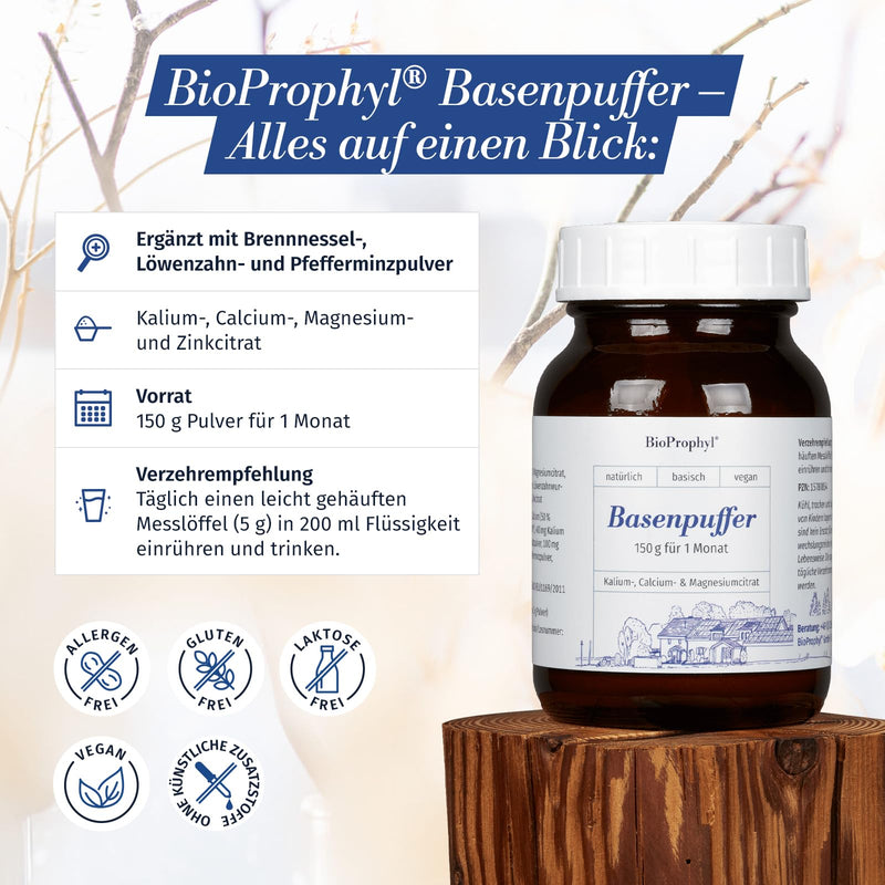 BioProphyl® base buffer with basic minerals as citrate - calcium, potassium, magnesium and zinc + nettle and dandelion powder - 150 g powder (30 portions of 5g each) - 100% vegan - NewNest Australia