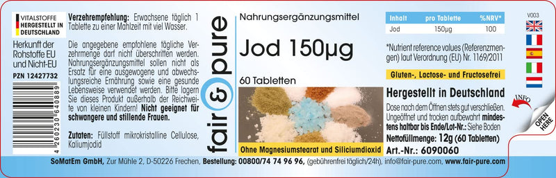 Fair & Pure® - Iodine tablets 150mcg made from potassium iodide - 100% of the daily requirement - vegan - without magnesium stearate - 60 tablets - NewNest Australia