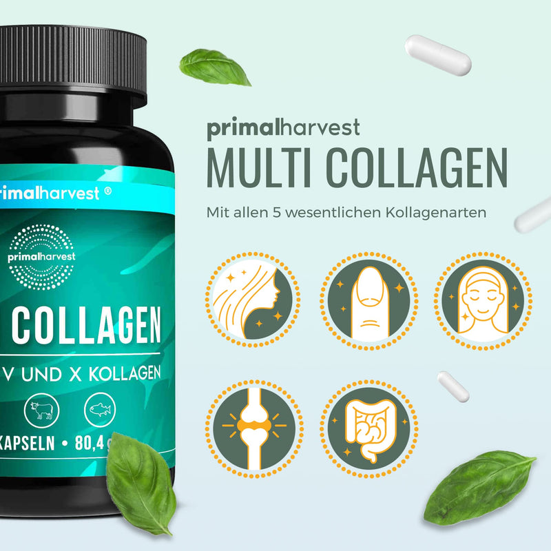 Primal Harvest  Multi-Collagen - 120 Collagen Capsules High Dose - Premium Collagen Complex For Hair, Skin, Nails, Joints And Intestinal - Gmp Certified & Made In Germany - Gluten & Soy Free - NewNest Australia