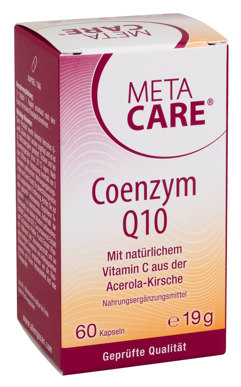 META CARE Coenzyme Q10 - Ideally combined with natural vitamin C from the acerola cherry - Optimized absorption thanks to black pepper extract - 60 capsules, 19 g - NewNest Australia