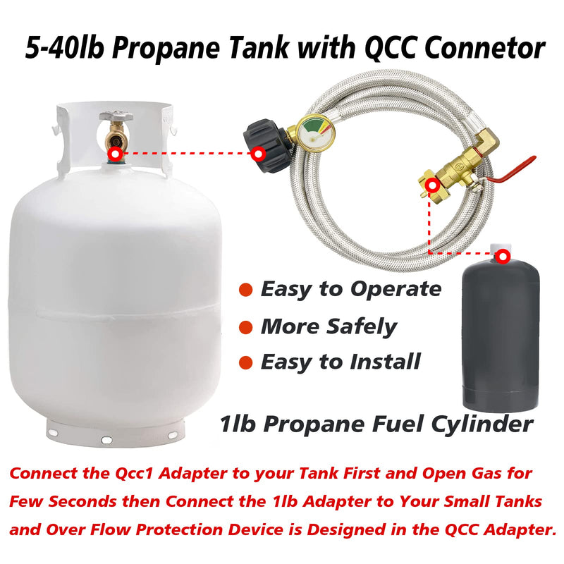 GardenNow Upgraded 48" Stainless Braided QCC1 Type Inlet Propane Refill Adapter Hose Extension Propane Refill Hose with Gauge ON/Off Control Valve for 1LB Propane Gas Tank 350PSI High Pressure Camping - NewNest Australia