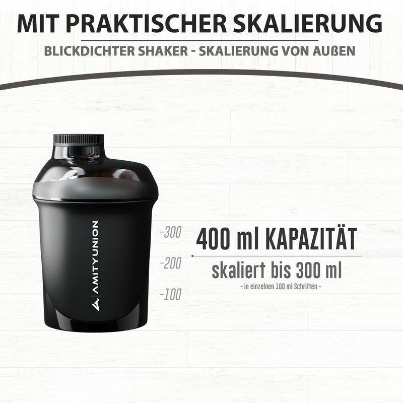 AMITYUNION protein shaker 400 ml with sieve protein shaker - small protein shaker leak-proof - BPA free, with scale for creamy whey protein powder shakes, protein BCAA concentrates in black midnight - NewNest Australia