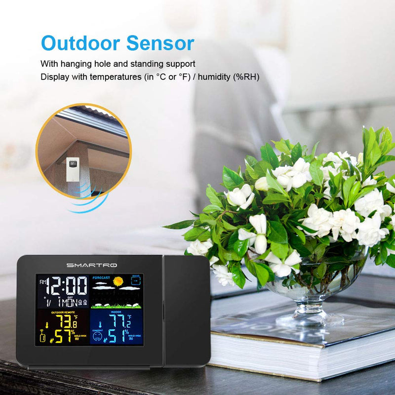 NewNest Australia - SMARTRO SC91 Projection Alarm Clock for Bedrooms with Weather Station, Wireless Indoor Outdoor Thermometer, Temperature Humidity Monitor Gauge Hygrometer Black 
