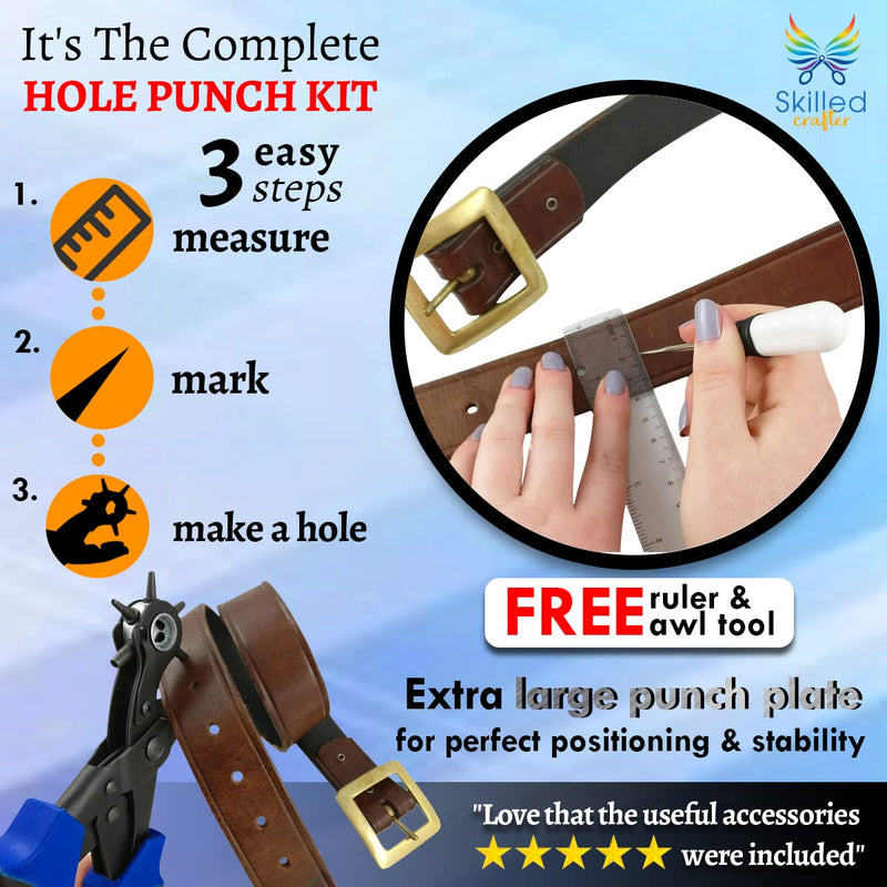 Leather Hole Punch & Belt Hole Puncher Easily Punches Perfect Round Holes. Bonus Ruler & Awl Tool. Leather Punch Tool for Watch or Bag Strap, Fabric, Eyelet - Precision Crafting & Professional Results 1 Pack - NewNest Australia