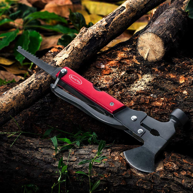 RoverTac Multitool Camping Accessories Survival Gear and Equipment 14 in 1 Hatchet with Knife Axe Hammer Saw Screwdrivers Pliers Bottle Opener Durable Sheath Gifts for Men Women Red - NewNest Australia