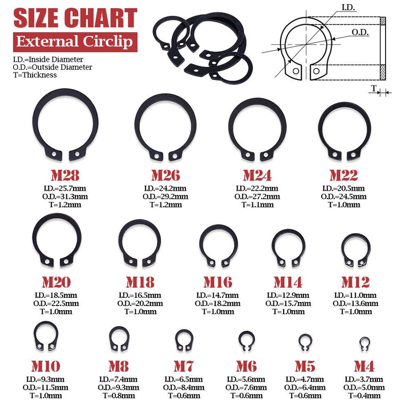 Hilitchi 300-Pcs [15-Size] Alloy Steel External Circlip Snap Retaining Clip Ring Assortment Set - NewNest Australia