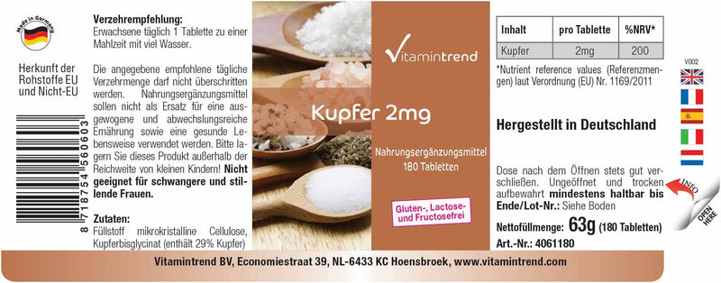 Copper tablets 2mg - 180 tablets - ! FOR 6 MONTHS ! - vegan - high-dose copper dietary supplement | Vitamintrend® - NewNest Australia