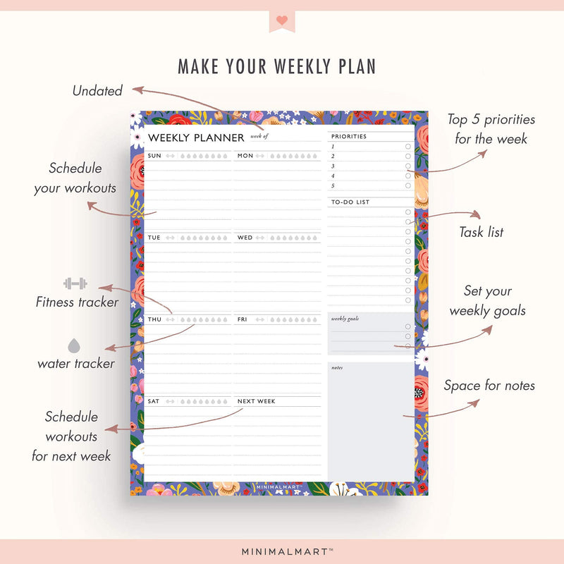 Minimalmart Weekly Planner with 52 Undated 8.5 x 11 Tear-Off Sheets, Floral Weekly Vibrant Calendar, Organizer, Scheduler, Productivity Tracker, Priority Task, Weekly Goal, to-do List - NewNest Australia