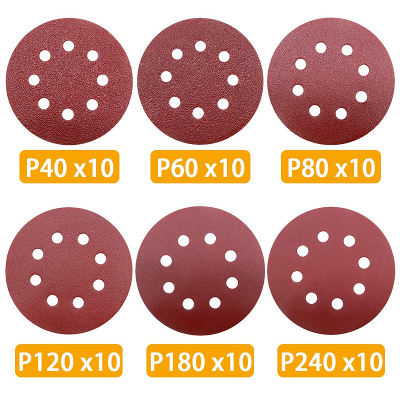 Maveek 60 Pieces 8-Holes Discs Pads 5 Inch/ 125 mm Hook and Loop 40/60/ 80/120/ 180/240 Assorted Grits 6 Models, Each Model 10 Pieces Sandpaper Sanding Discs Pads for Random Orbital Sander 608 - NewNest Australia