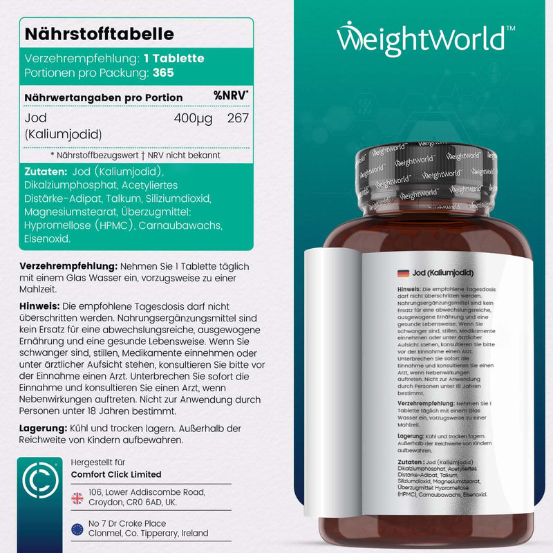 Iodine tablets 400µg - 365 vegan potassium iodide - potassium iodide for 1 year supply - Iodine contributes to normal thyroid, skin and nerve function (EFSA) - Iodine Tablets from WeightWorld - NewNest Australia