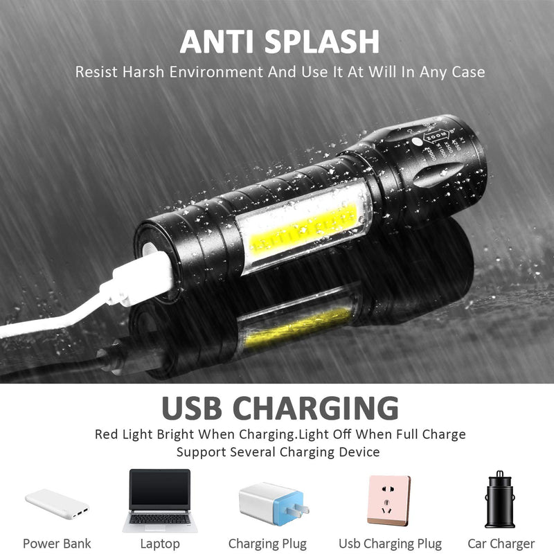 4 Pieces USB Rechargeable Flashlight 3 Modes, Bright LED Handheld Flashlight with COB Side Lights Portable Flashlights for Camping, Hiking, Emergency and Daily Use - NewNest Australia