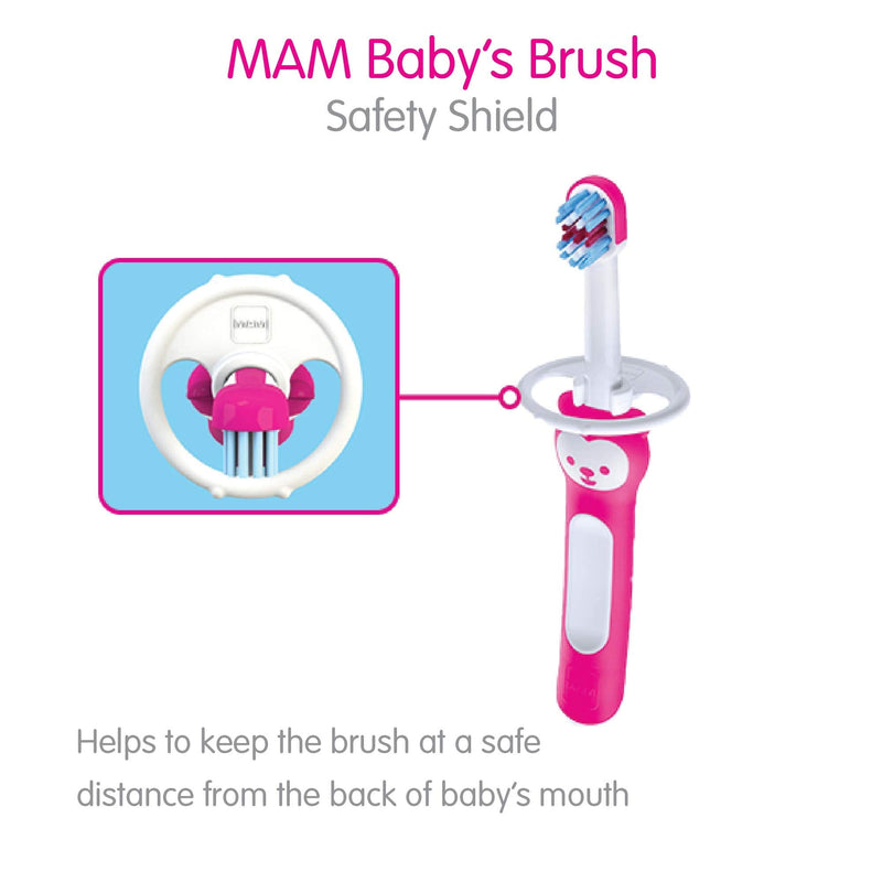 MAM Baby Toothbrushes (2 Baby's Brushes and 1 Safety Shield), Toothbrushes with Brushy the Bear Character, Interactive App, For Boys 6+ Months, Blue - NewNest Australia