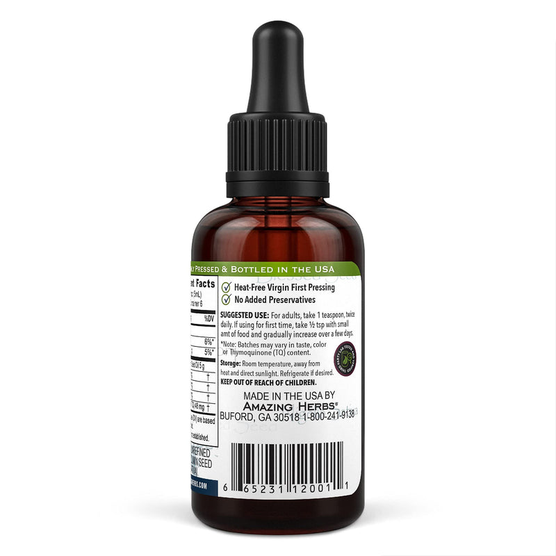 Amazing Herbs Premium Black Seed Oil - Cold Pressed Nigella Sativa Aids in Digestive Health, Immune Support, Brain Function, Joint Mobility, Gluten Free, Non GMO - 1 Fl Oz - NewNest Australia