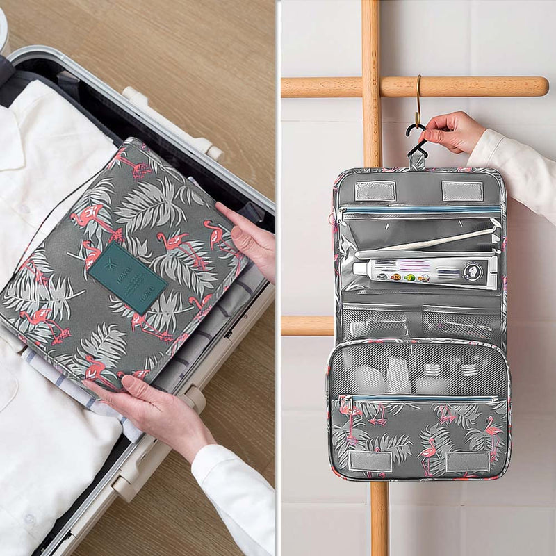 Hanging Toiletry Bag - Travel Portable Wash Bag Makeup Cosmetic Organizer for Women & Girls Waterproof Bathroom Shower Bag for Business Trip, Gym, Vacation & Household (Gray Flamingo) Grey - NewNest Australia