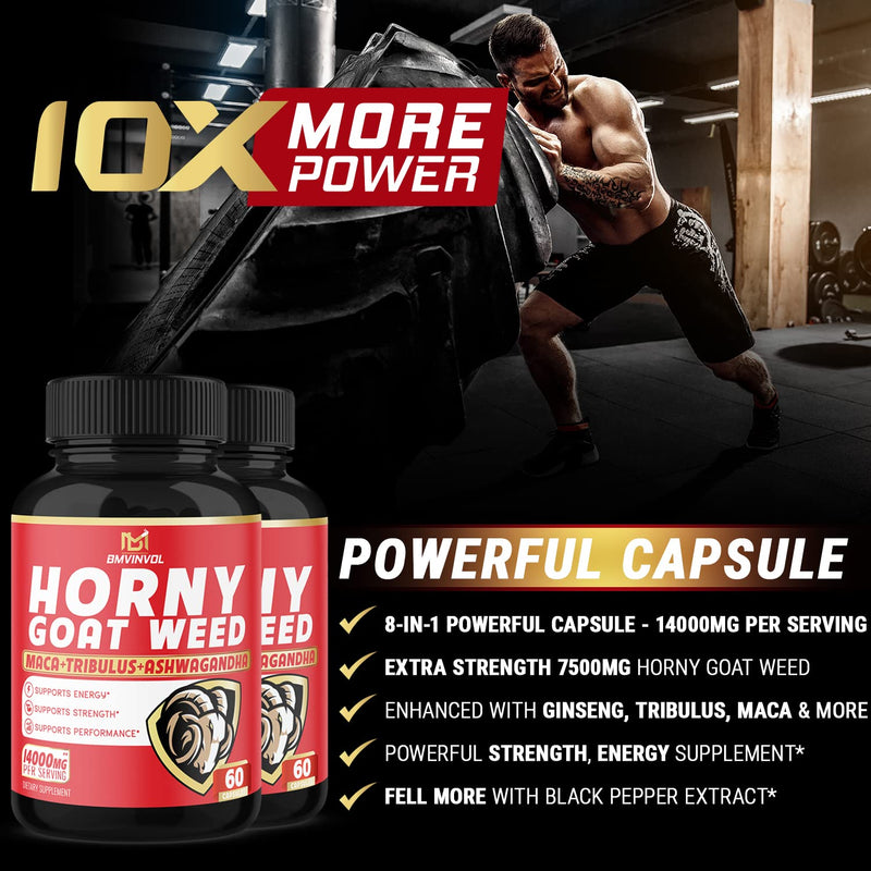 (2 Packs) Horny Goat Weed Capsules, 14000mg Herbal Equivalent with Maca, Tribulus, Ginseng - Performance and Energy Support - 120 Capsules - NewNest Australia