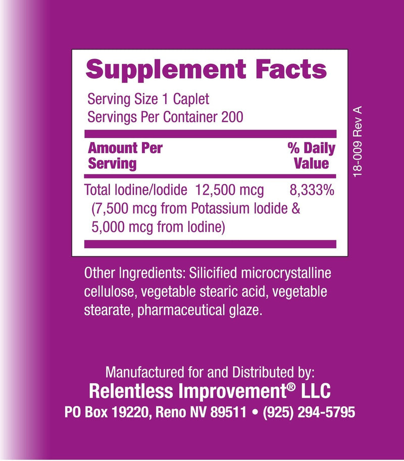 Relentless Improvement Iodine Sublime 12.5mg 200 Caplets with Potassium Iodide - NewNest Australia