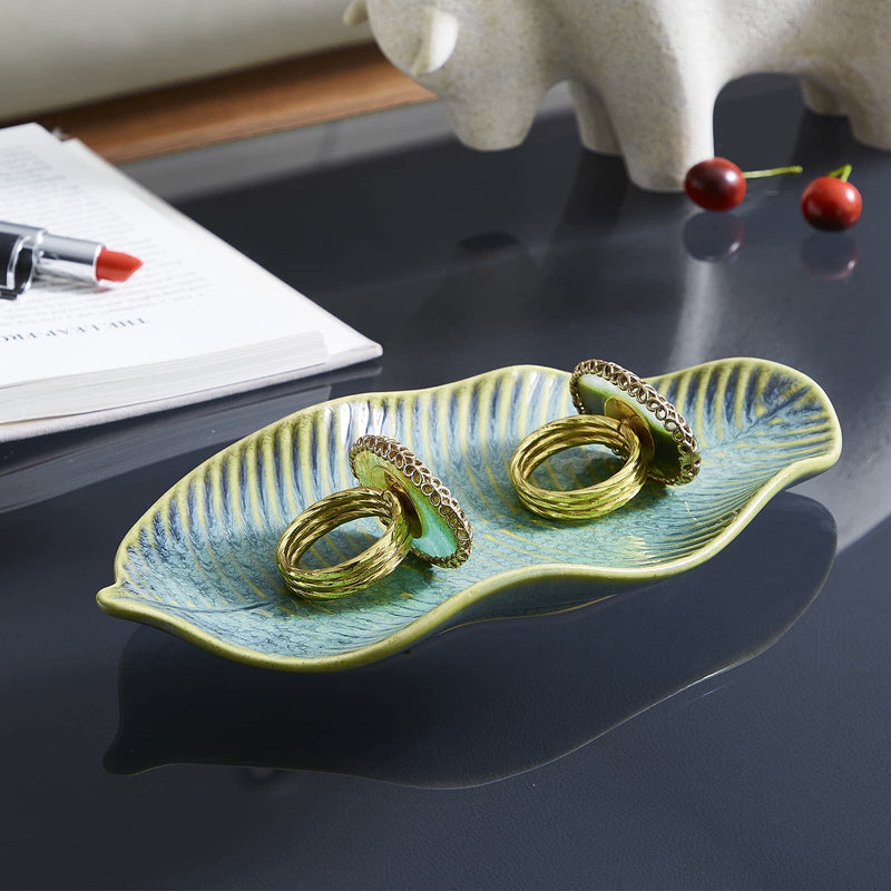 VOMANA Small Ceramic Decorative Tray, Green Pottery Trinket Tray, Porcelain Versatile Trinket Dish, Decorative Key Bowl with Green Patten Glaze for Jewelry Organizer Rings Holder Vanity Decor (11'' Leaf) 11'' Leaf - NewNest Australia