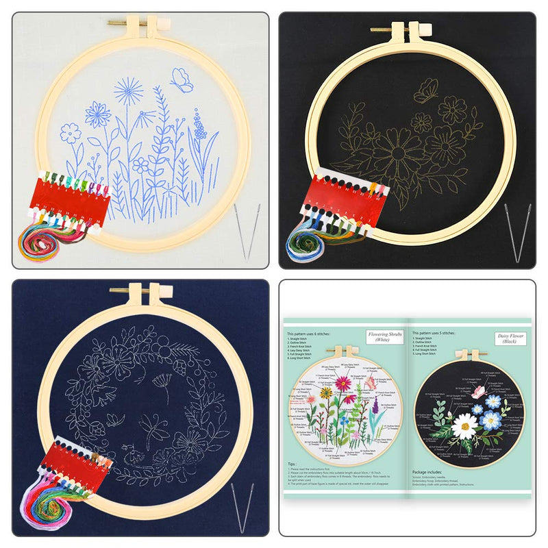 Caydo 3 Sets Embroidery Starter Kit with Pattern and Instructions, Cross Stitch Kits Include 3 Embroidery Cloth with Floral Pattern, 3 Plastic Embroidery Hoops, Color Threads and Tools Black - NewNest Australia