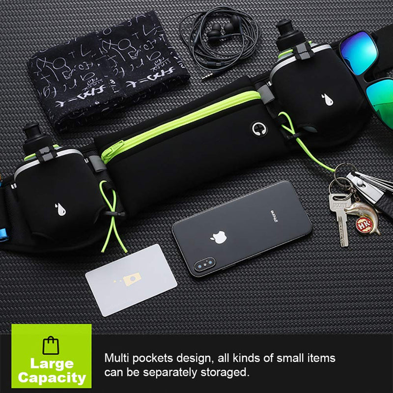Peicees Running Belt with 2 Water Bottles, Multifunctional Zipper Pocket Adjustable Strap Water Resistant Waist Bag Fanny Pack Waist Pack Phone Holder Pouch for Running Hiking Cycling Climbing Runners Green with 2 water bottles - NewNest Australia