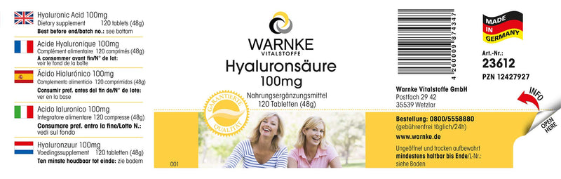 Hyaluronic acid 100mg - 120 tablets - vegan | Warnke vital substances - NewNest Australia