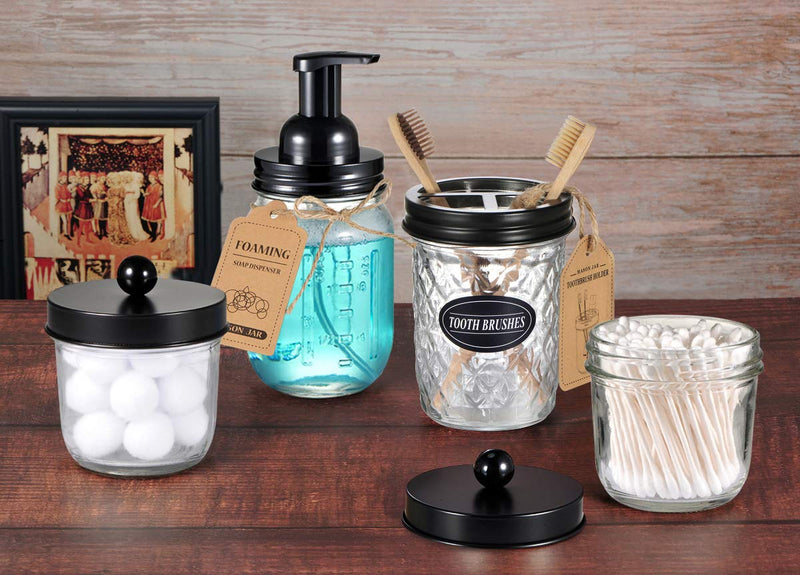 Mason Jar Bathroom Accessories Set(4 Pack) - Foaming Soap Dispenser&Qtip Holder Set&Toothbrush Holder-Rustic Farmhouse Decor Bathroom Organizer Apothecary Jar Country Countertop (Black) Black - NewNest Australia