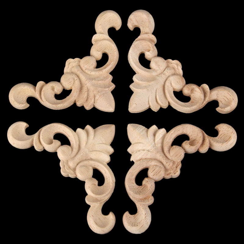 NewNest Australia - MUXSAM 4Pcs Wooden Onlay Applique Carved Wood Corner Decals for Furniture Bed Door Cabinet Unpainted Home Decor, 8x8x0.8cm/3.15"x3.15"x0.31" 