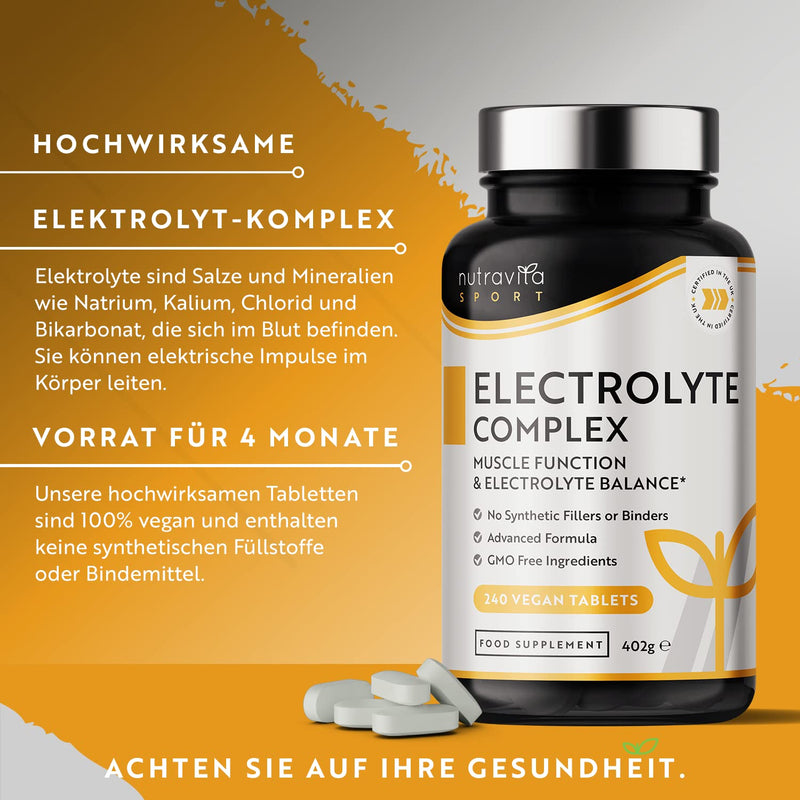 Electrolyte Complex - High Potency Tablets with Magnesium, Potassium and Calcium - Muscle Function and Electrolyte Balance - 240 Vegan Tablets - Manufactured by Nutravita - NewNest Australia